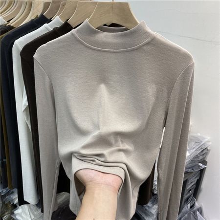 Plus Velvet Stand-Up Collar Bottoming Shirt Women Long-Sleeved Cotton T-Shirt Half Turtleneck Inner Top