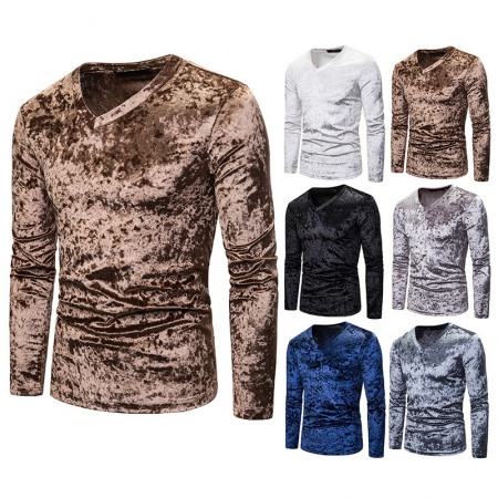 New Men's Diamond Velvet V-Neck Multicolor Long Sleeve Slim T-Shirt