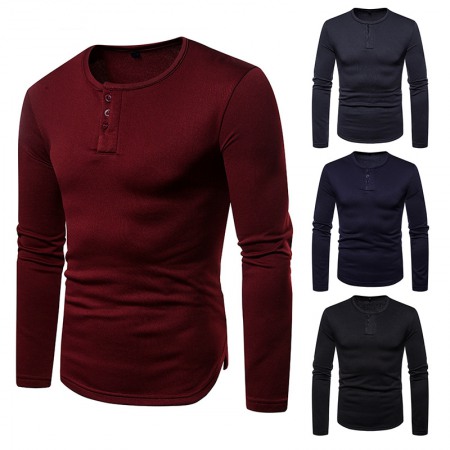 Men's Plus Size Plus Velvet Warm Henley Collar Long-Sleeved T-Shirt Bottoming Shirt