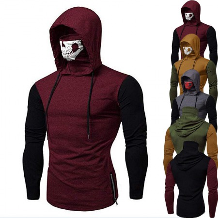 Men's Fashion Hooded High Collar Skull Stitching Long-Sleeved T-Shirt Men's Long-Sleeved T-Shirt