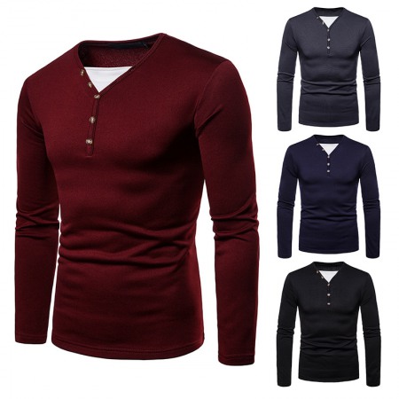 Men's Plus Size Plus Velvet Warm Henley Collar Long-Sleeved T-Shirt Bottoming Shirt