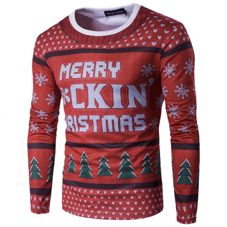 Men's New Christmas Round Neck 3D Personality Printing Long-Sleeved T-Shirt