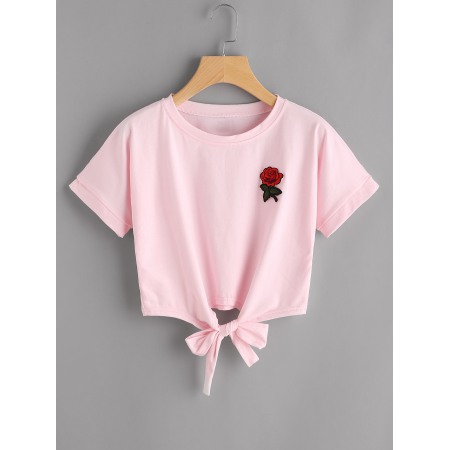 Summer New Style Rose Embroidery Lace All-Match Short T-Shirt Women