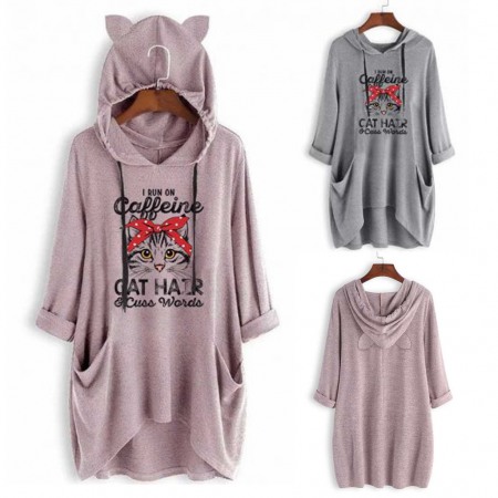 Mid-Sleeve Hooded Loose T-Shirt Large Size Ladies Printed Irregular Top